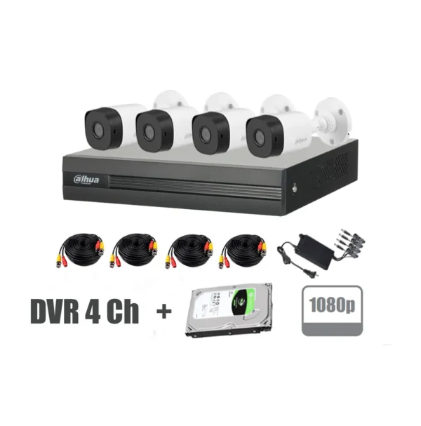 Kit de cámaras análogas Dahua (4 cámaras 2MP - B1A21), grabador XVR1B04-I, 4 cables BNC 18metros, disco duro y fuente de poder --- KIT1B04B1A21 (EN CAJA)