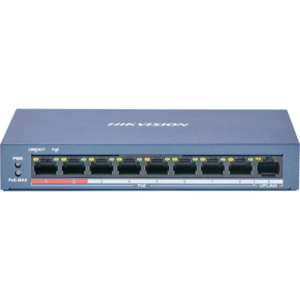 Switch PoE+ marca HikVision, No Administrable, 8Puertos 10/100 Mbps PoE+, 1Puerto 100 Mbps Uplink, PoE extendido hasta 250m, 60Watts. --- DS3E0109PE/M