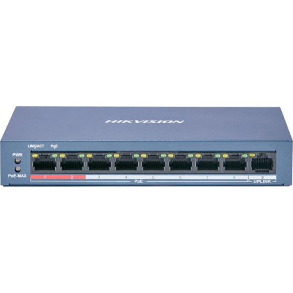 Switch PoE+ marca HikVision, No Administrable, 8Puertos 10/100 Mbps PoE+, 1Puerto 100 Mbps Uplink, PoE extendido hasta 250m, 60Watts. --- DS3E0109PE/M