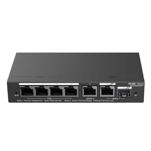 Switch PoE Ruijie-Reyee, 4PoE, 2Puertos Uplink, 6Puertos 10/100/1000, 54Watts de potencia --- RG-ES206GS-P